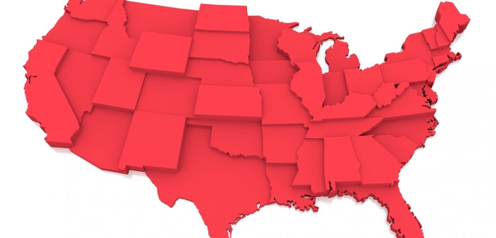 Bump map of the United States showing each state in relief