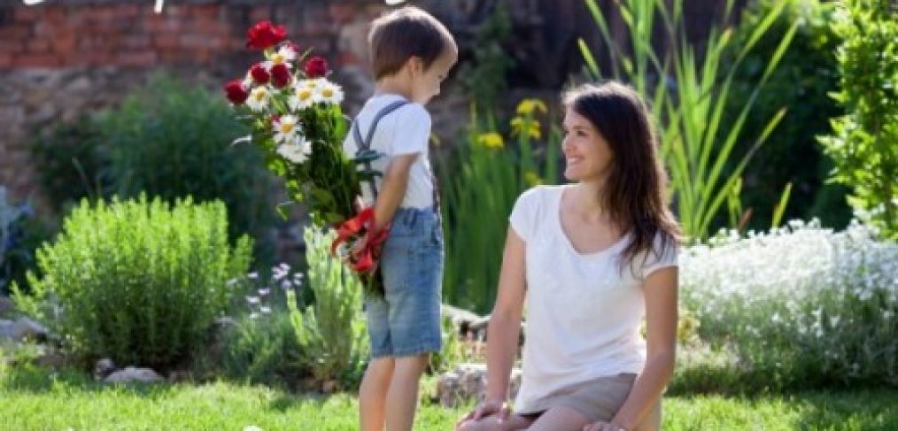 Little boy presenting flowers to mother