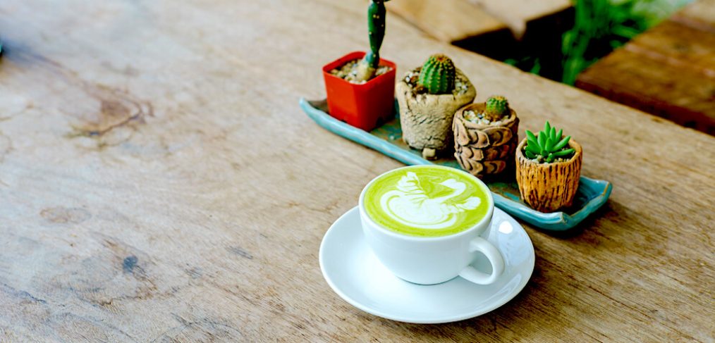 Matcha tea on wooden desk